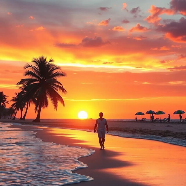 A serene and inviting beach scene during sunset, with soft waves lapping at the shore