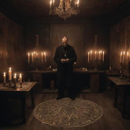 An arcane room lit dimly by flickering candles, in the center of which stands a man with an air of mystery, deeply engrossed in attempting to master the intricate symbols and movements of black magic.