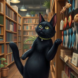 A realistic black cat standing on its hind legs at a bookstore, curiously looking at a shelf filled with various fish-shaped bookmarks and novelty fish items