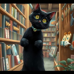 A realistic black cat standing on its hind legs at a bookstore, curiously looking at a shelf filled with various fish-shaped bookmarks and novelty fish items