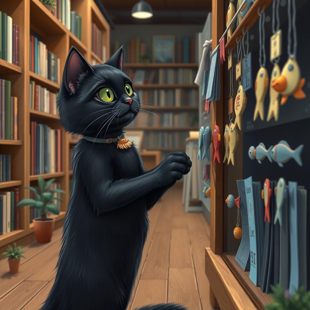 A realistic black cat standing on its hind legs at a bookstore, curiously looking at a shelf filled with various fish-shaped bookmarks and novelty fish items