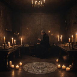 An arcane room lit dimly by flickering candles, in the center of which stands a man with an air of mystery, deeply engrossed in attempting to master the intricate symbols and movements of black magic.