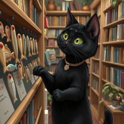 A realistic black cat standing on its hind legs at a bookstore, curiously looking at a shelf filled with various fish-shaped bookmarks and novelty fish items