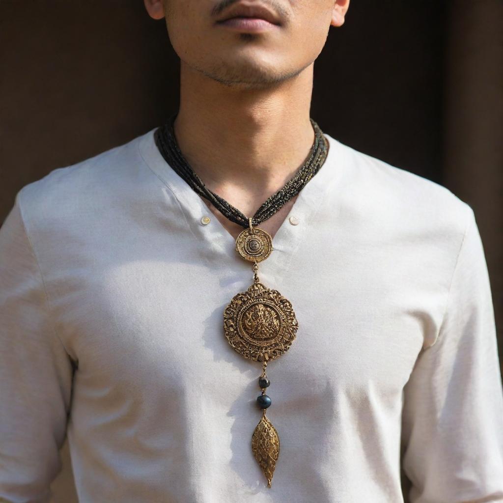 A person confidently donned in casual attire, with a shining, intricate amulet hanging around their neck, catching the light and drawing attention to its unique design.