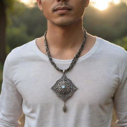 A person confidently donned in casual attire, with a shining, intricate amulet hanging around their neck, catching the light and drawing attention to its unique design.