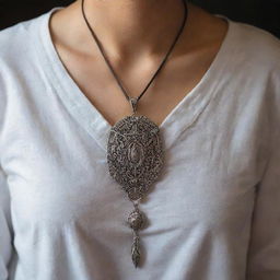 A person confidently donned in casual attire, with a shining, intricate amulet hanging around their neck, catching the light and drawing attention to its unique design.