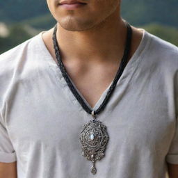 A person confidently donned in casual attire, with a shining, intricate amulet hanging around their neck, catching the light and drawing attention to its unique design.