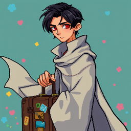 A slender man with dark hair and red eyes, wearing a light-colored cloak that flows gracefully around him