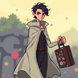 A slender man with dark hair and red eyes, wearing a light-colored cloak that flows gracefully around him