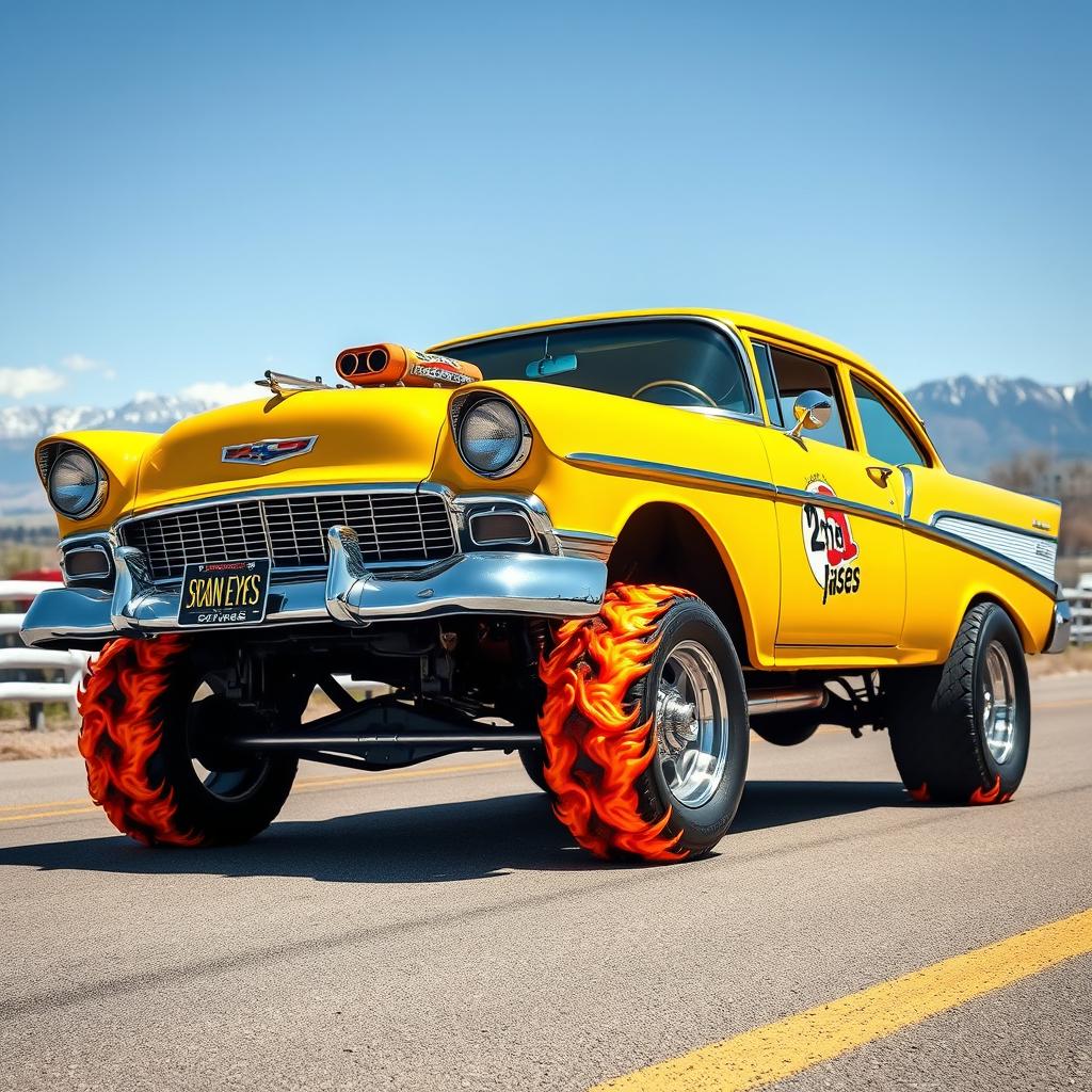 A vibrant yellow Chevrolet Bel Air gasser car with a noticeable lift on the front axle, showcasing a fierce and aggressive stance