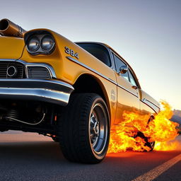 A vibrant yellow Chevrolet Bel Air gasser car with a noticeable lift on the front axle, showcasing a fierce and aggressive stance