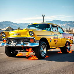 A vibrant yellow Chevrolet Bel Air gasser car with a noticeable lift on the front axle, showcasing a fierce and aggressive stance