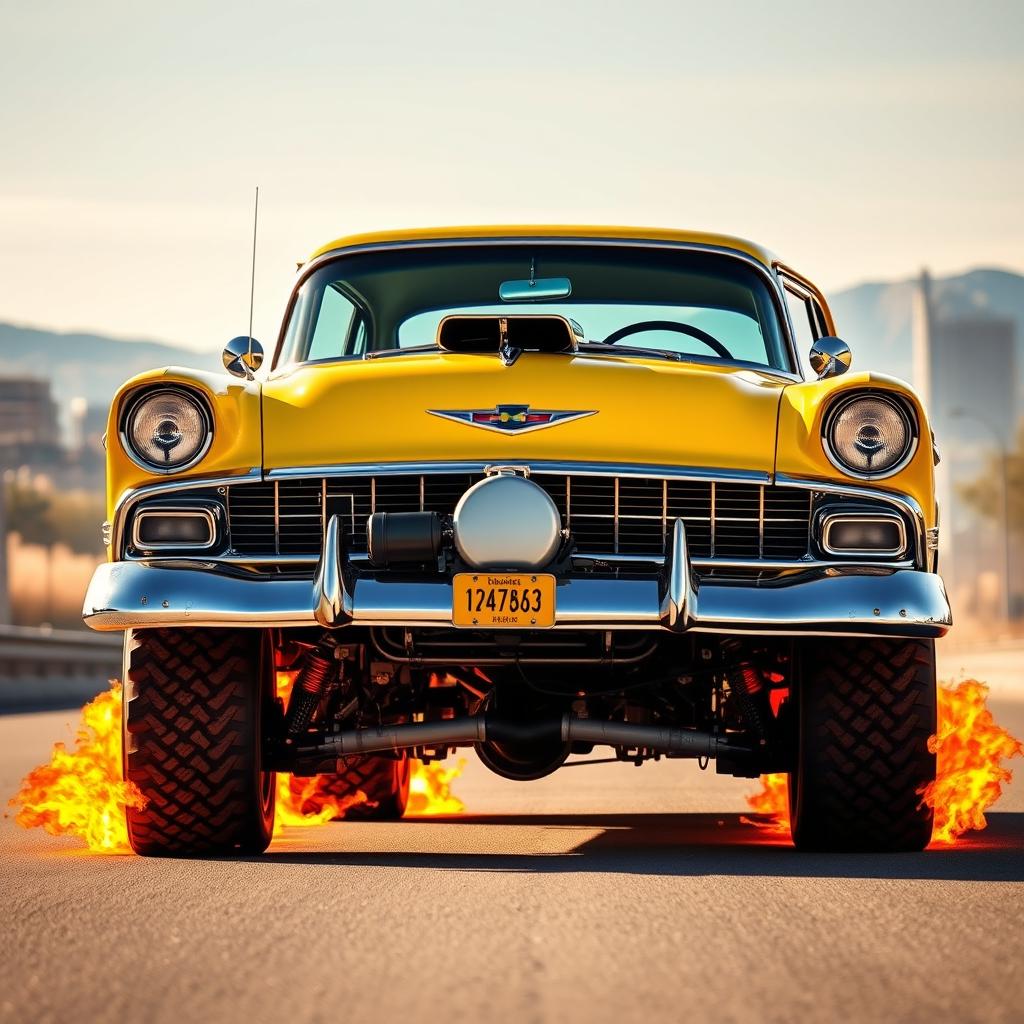 A vibrant yellow Chevrolet Bel Air gasser car with a noticeable lift on the front axle, showcasing a fierce and aggressive stance