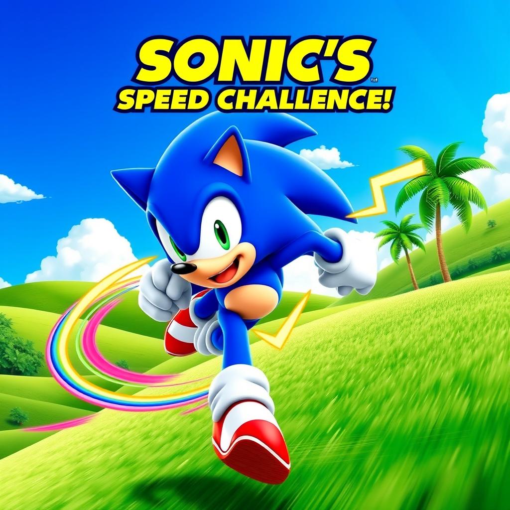 A vibrant and eye-catching YouTube thumbnail featuring Sonic the Hedgehog racing through a lush green landscape