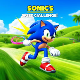 A vibrant and eye-catching YouTube thumbnail featuring Sonic the Hedgehog racing through a lush green landscape