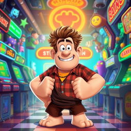 A vibrant and playful illustration of Ralph from 'Wreck-It Ralph', a large, muscular video game character with messy, spiky brown hair and a plaid shirt, standing in a colorful arcade environment filled with retro game machines, pixelated characters, and bright neon lights