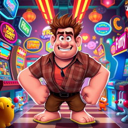 A vibrant and playful illustration of Ralph from 'Wreck-It Ralph', a large, muscular video game character with messy, spiky brown hair and a plaid shirt, standing in a colorful arcade environment filled with retro game machines, pixelated characters, and bright neon lights