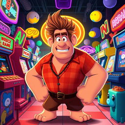 A vibrant and playful illustration of Ralph from 'Wreck-It Ralph', a large, muscular video game character with messy, spiky brown hair and a plaid shirt, standing in a colorful arcade environment filled with retro game machines, pixelated characters, and bright neon lights