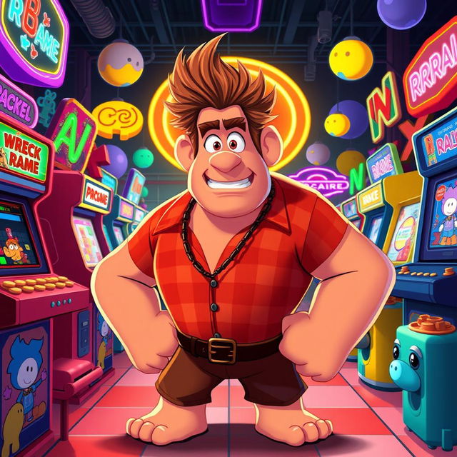 A vibrant and playful illustration of Ralph from 'Wreck-It Ralph', a large, muscular video game character with messy, spiky brown hair and a plaid shirt, standing in a colorful arcade environment filled with retro game machines, pixelated characters, and bright neon lights