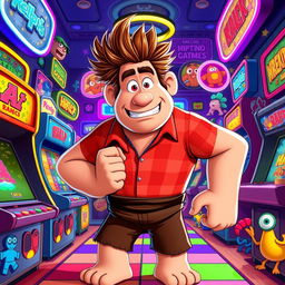 A vibrant and playful illustration of Ralph from 'Wreck-It Ralph', a large, muscular video game character with messy, spiky brown hair and a plaid shirt, standing in a colorful arcade environment filled with retro game machines, pixelated characters, and bright neon lights