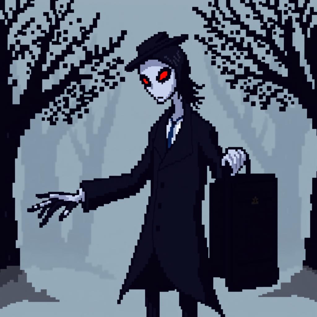 A pixel art depiction of a Slender Man character, aged 22, with dark hair slicked back and striking red eyes