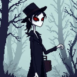 A pixel art depiction of a Slender Man character, aged 22, with dark hair slicked back and striking red eyes