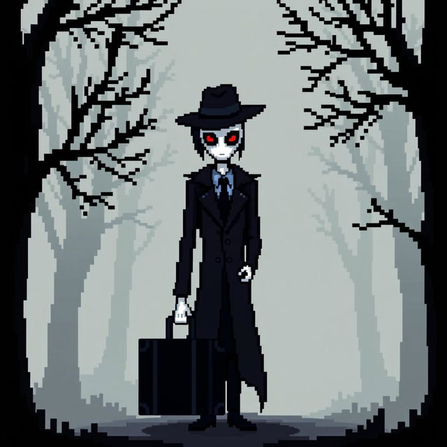 A pixel art depiction of a Slender Man character, aged 22, with dark hair slicked back and striking red eyes