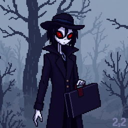 A pixel art depiction of a Slender Man character, aged 22, with dark hair slicked back and striking red eyes