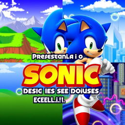 A visually striking YouTube thumbnail that features Sonic the Hedgehog prominently, with the title 'Presentando a Sonic desde sus inicios hasta el día de hoy' displayed dynamically across the top