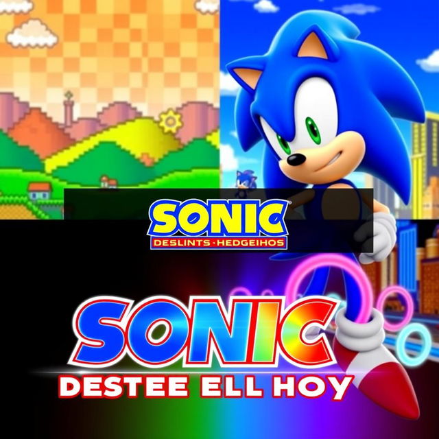 A visually striking YouTube thumbnail that features Sonic the Hedgehog prominently, with the title 'Presentando a Sonic desde sus inicios hasta el día de hoy' displayed dynamically across the top