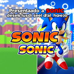 A visually striking YouTube thumbnail that features Sonic the Hedgehog prominently, with the title 'Presentando a Sonic desde sus inicios hasta el día de hoy' displayed dynamically across the top