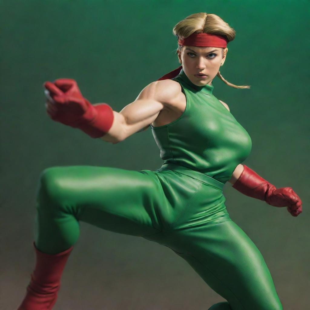 Generate an action-packed image of Cammy from Street Fighter in her classic green costume, performing one of her signature moves against a dramatic backdrop.