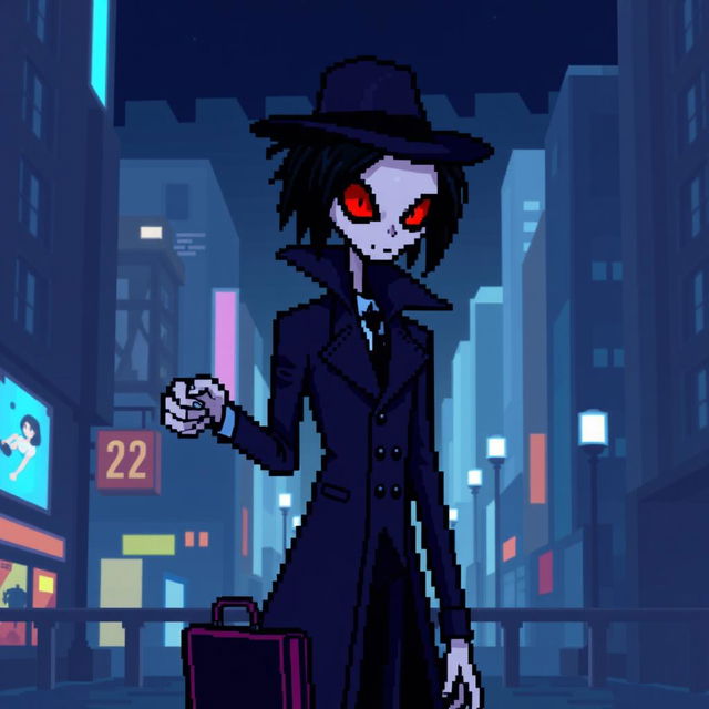 A pixel art representation of a slender man character, 22 years old, with dark hair slicked back and glowing red eyes