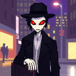 A pixel art representation of a slender man character, 22 years old, with dark hair slicked back and glowing red eyes