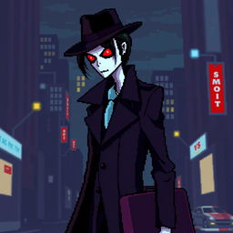 A pixel art representation of a slender man character, 22 years old, with dark hair slicked back and glowing red eyes
