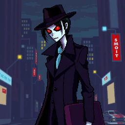 A pixel art representation of a slender man character, 22 years old, with dark hair slicked back and glowing red eyes