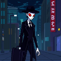 A pixel art representation of a slender man character, 22 years old, with dark hair slicked back and glowing red eyes