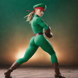 Generate an action-packed image of Cammy from Street Fighter in her classic green costume, performing one of her signature moves against a dramatic backdrop.