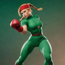 Generate an action-packed image of Cammy from Street Fighter in her classic green costume, performing one of her signature moves against a dramatic backdrop.