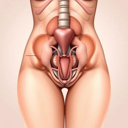 A detailed medical illustration of a female pelvis showcasing the abdominal organs in a sagittal view