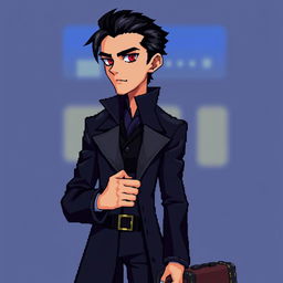 A slim man with dark hair slicked back and striking dark red eyes, dressed in a stylish dark coat and a fashionable hat