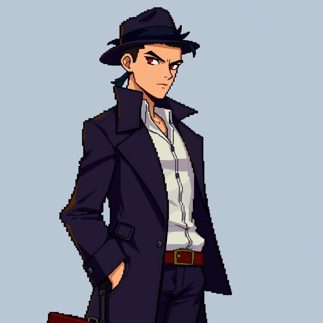 A slim man with dark hair slicked back and striking dark red eyes, dressed in a stylish dark coat and a fashionable hat