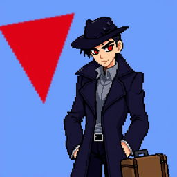 A slim man with dark hair slicked back and striking dark red eyes, dressed in a stylish dark coat and a fashionable hat