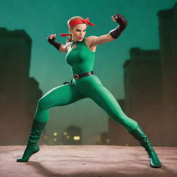 Generate an action-packed image of Cammy from Street Fighter in her classic green costume, performing one of her signature moves against a dramatic backdrop.