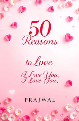 A romantic book cover for the title '50 Reasons to Love' with the subtitle 'I Love You' by PRAJWAL