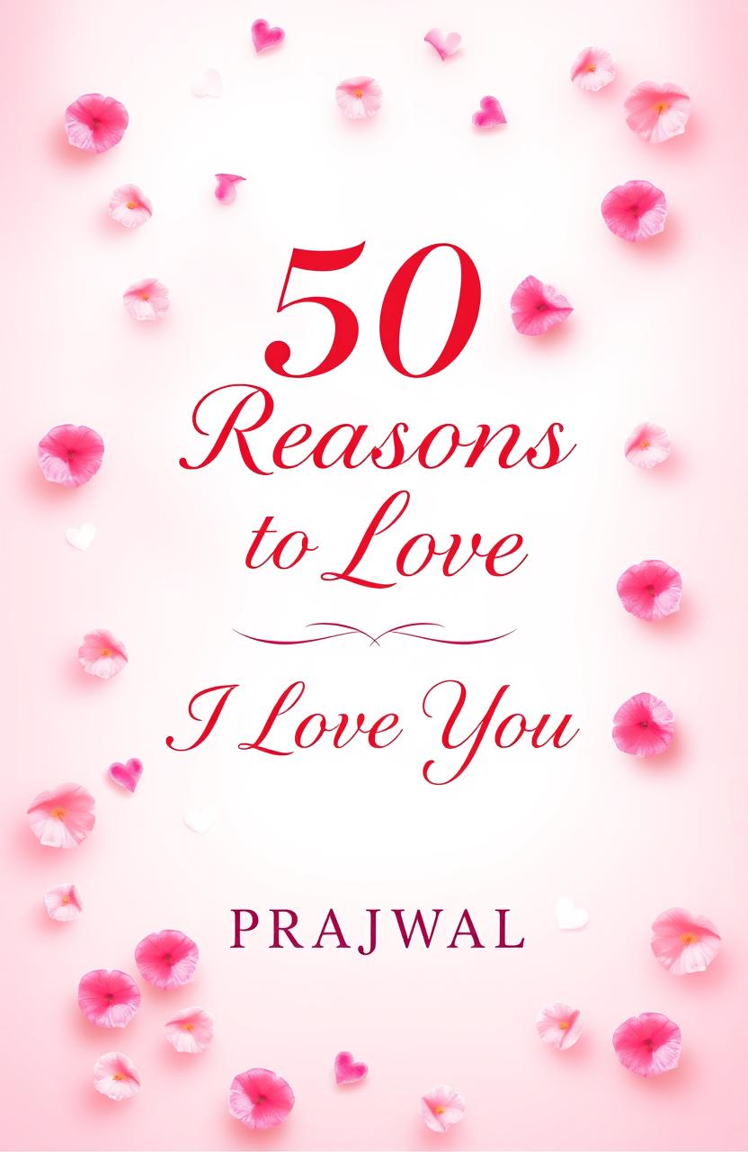 A romantic book cover for the title '50 Reasons to Love' with the subtitle 'I Love You' by PRAJWAL