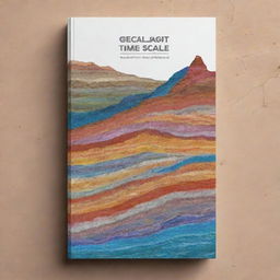 Design a book cover titled 'Geologic Time Scale'. Incorporate elements of geology like strata, fossils, and colourful sediment layers. The title should be prominent and legible, capturing the essence of geological eras.