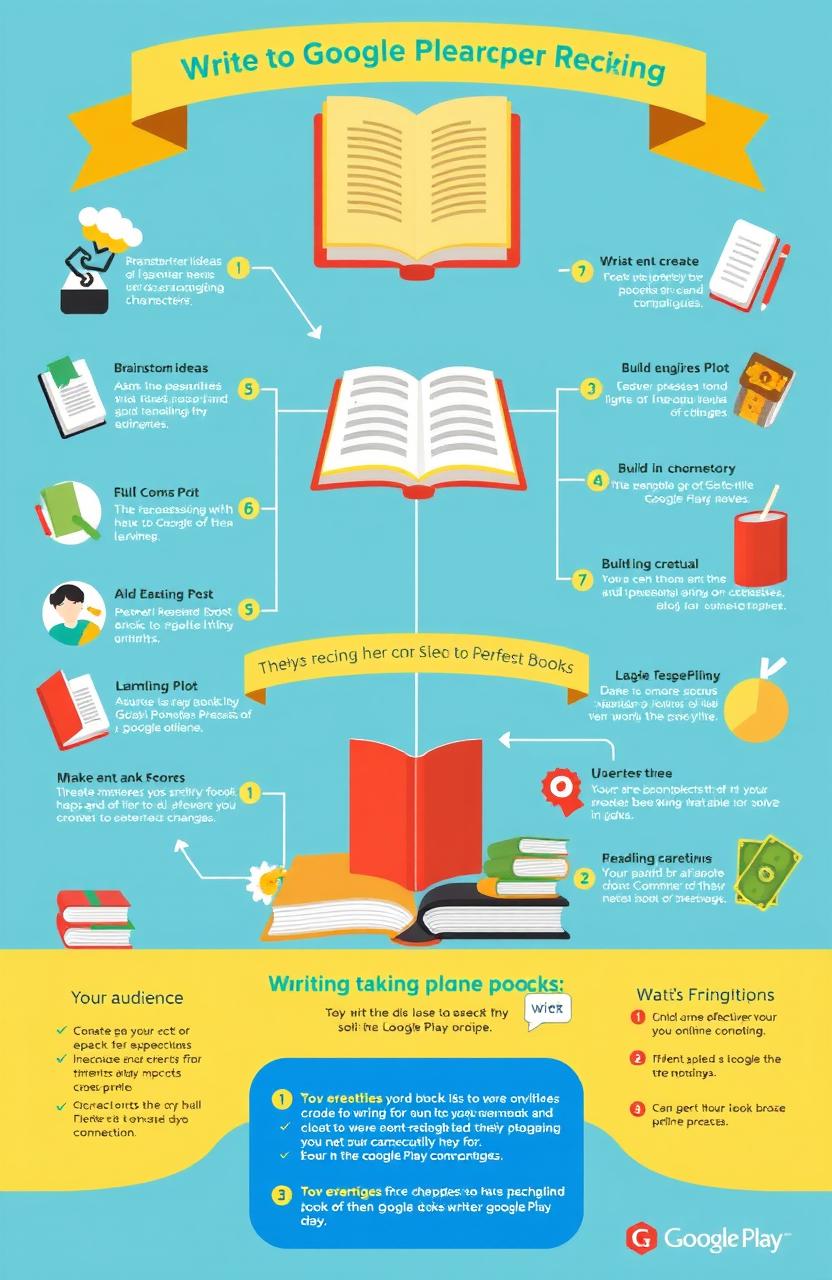 A detailed and vibrant infographic illustrating the perfect recipe for writing a successful book that sells on Google Play Books