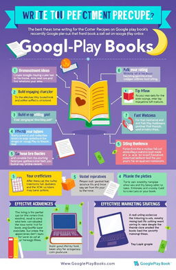 A detailed and vibrant infographic illustrating the perfect recipe for writing a successful book that sells on Google Play Books