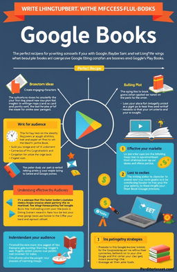 A detailed and vibrant infographic illustrating the perfect recipe for writing a successful book that sells on Google Play Books